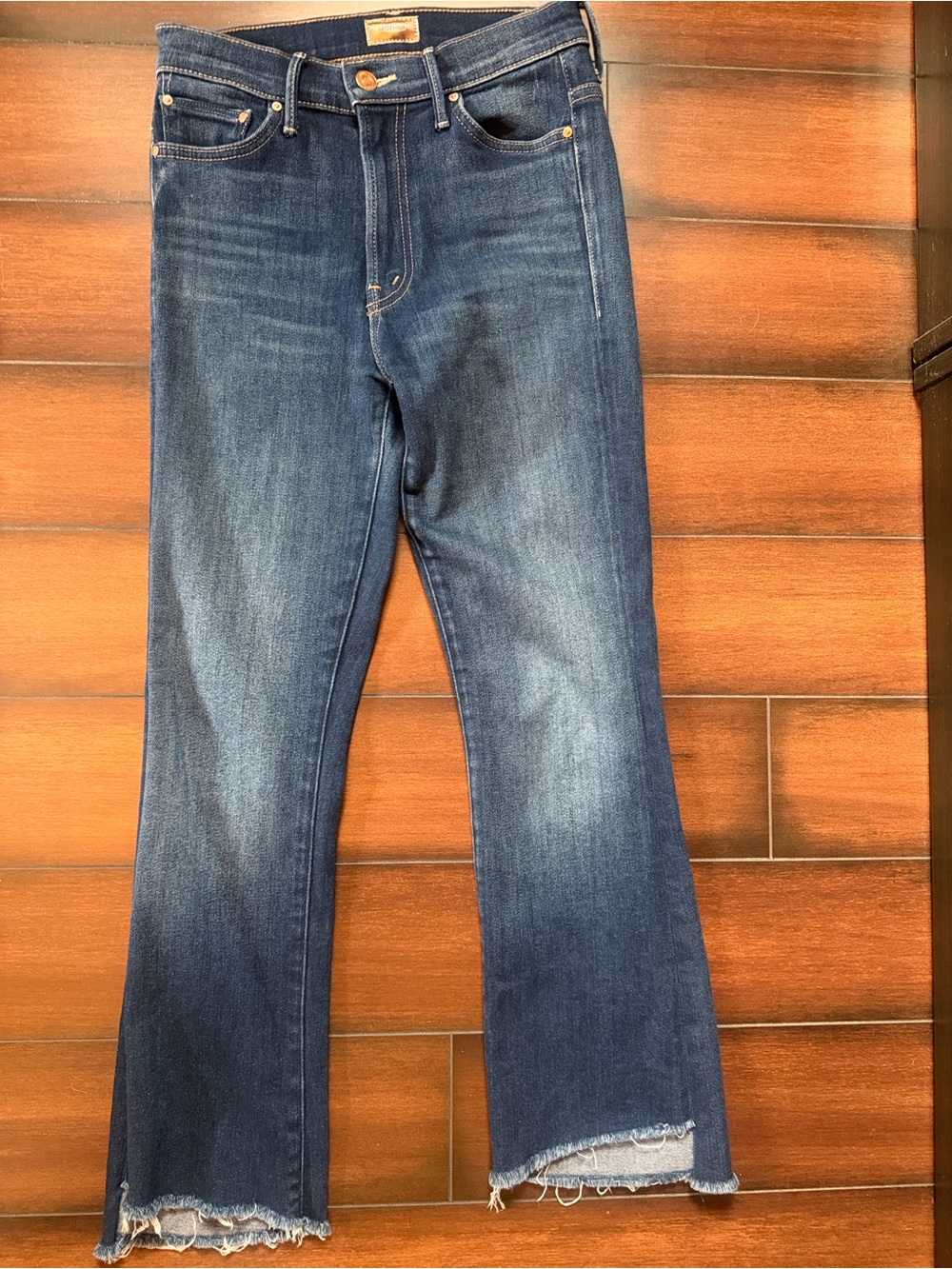 MOTHER Dark Blue Flare Jeans with Raw Hem